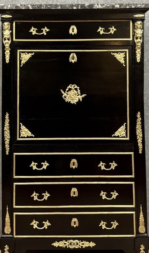 Secrétaire à abattant en bois laqué noir et bronzes dorés – Style Boulle-photo-4