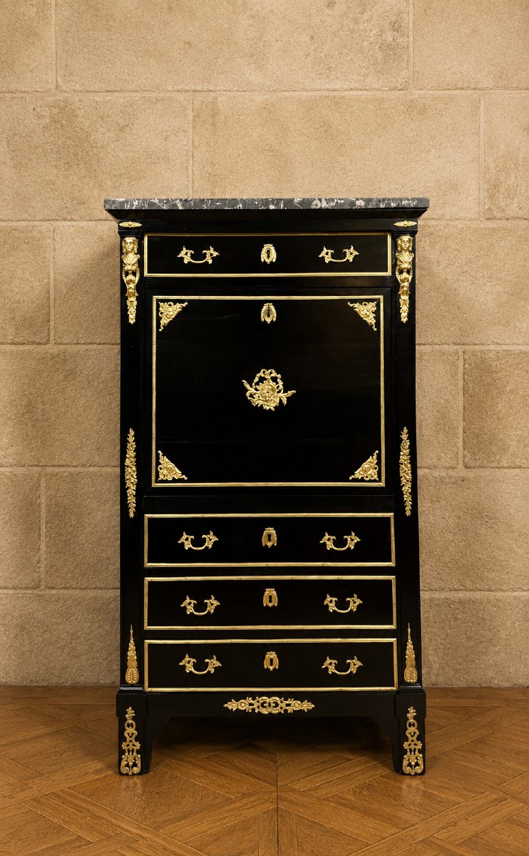 Secrétaire à abattant en bois laqué noir et bronzes dorés – Style Boulle-photo-1