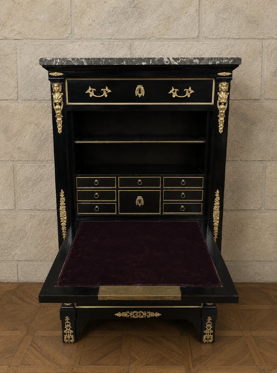 Secrétaire à abattant en bois laqué noir et bronzes dorés – Style Boulle-photo-2