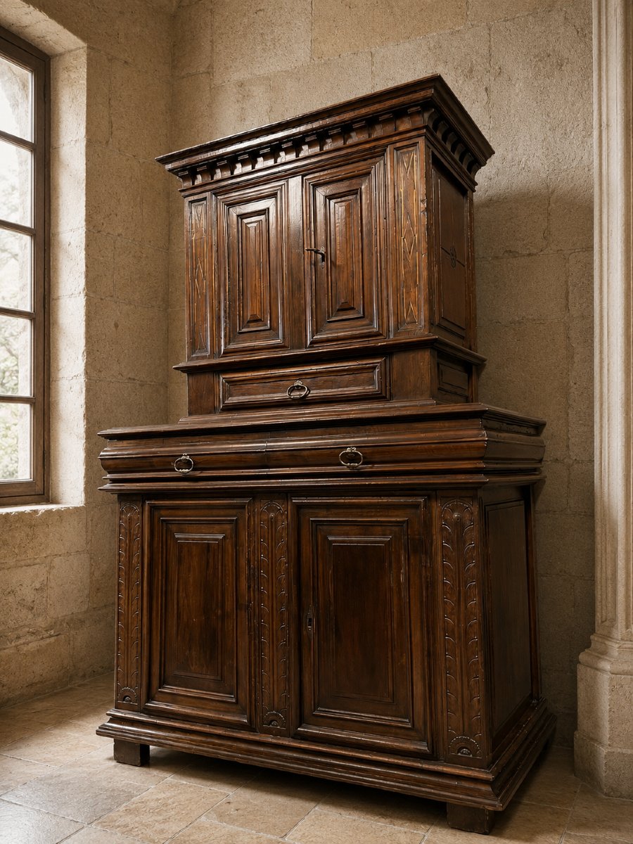 Two-section Cabinet-style Sideboard In Molded Walnut – Louis XIII Period, 17th Century-photo-3
