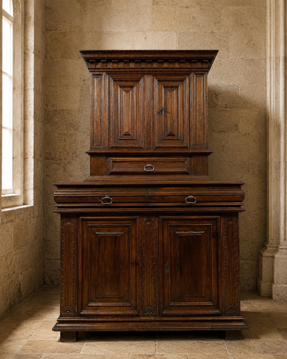 Two-section Cabinet-style Sideboard In Molded Walnut – Louis XIII Period, 17th Century