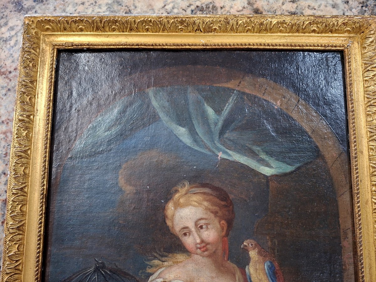 Early 18th-century Oil On Canvas – Young Woman With A Parrot-photo-2