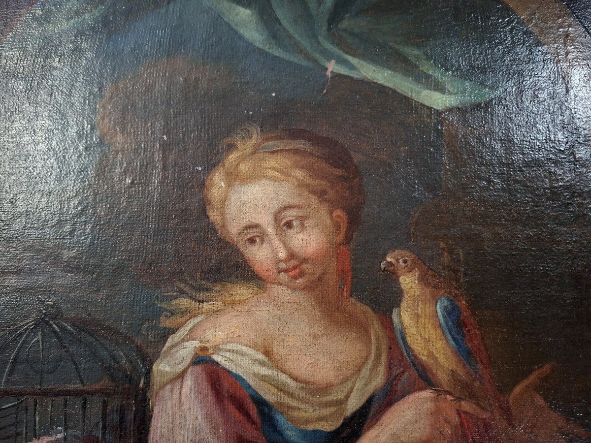 Early 18th-century Oil On Canvas – Young Woman With A Parrot-photo-3