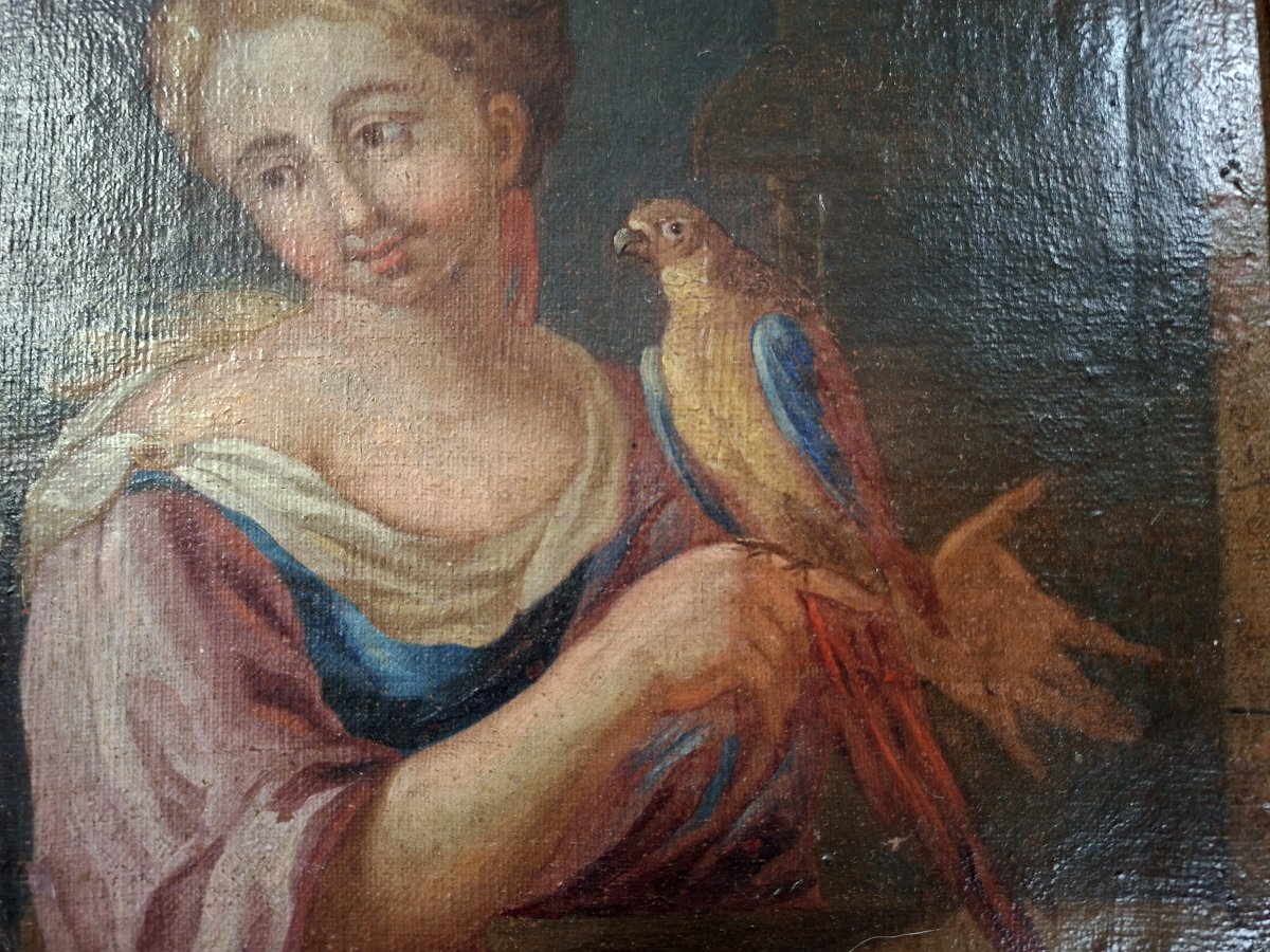 Early 18th-century Oil On Canvas – Young Woman With A Parrot-photo-4