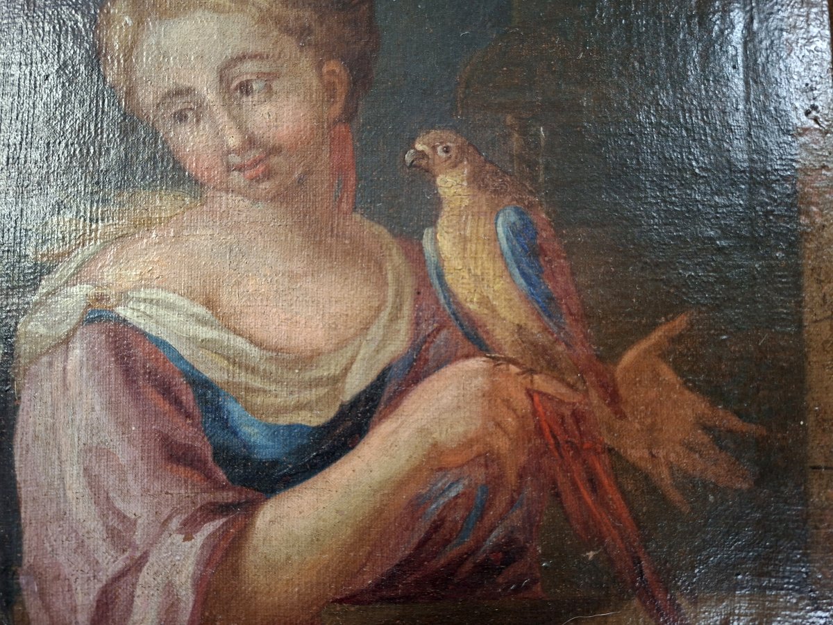Early 18th-century Oil On Canvas – Young Woman With A Parrot-photo-1