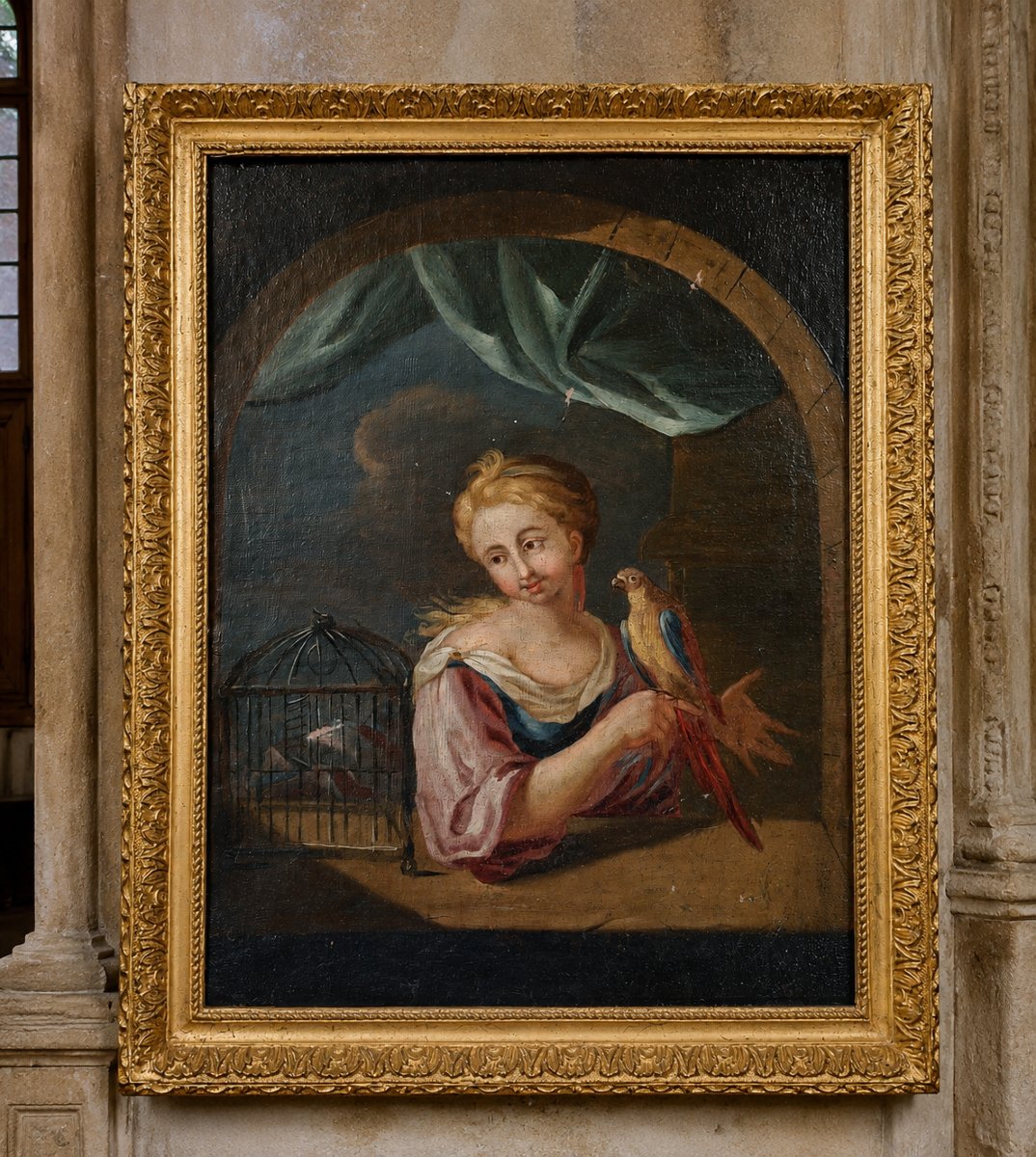 Early 18th-century Oil On Canvas – Young Woman With A Parrot