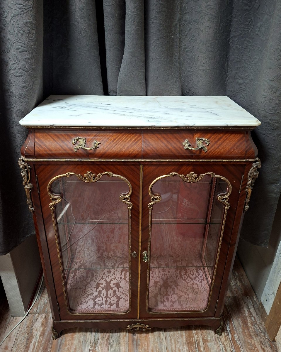 Napoleon III-era Display Cabinet With Support Legs, Made Of Mahogany, Gilded Bronze, And White Marble -photo-2