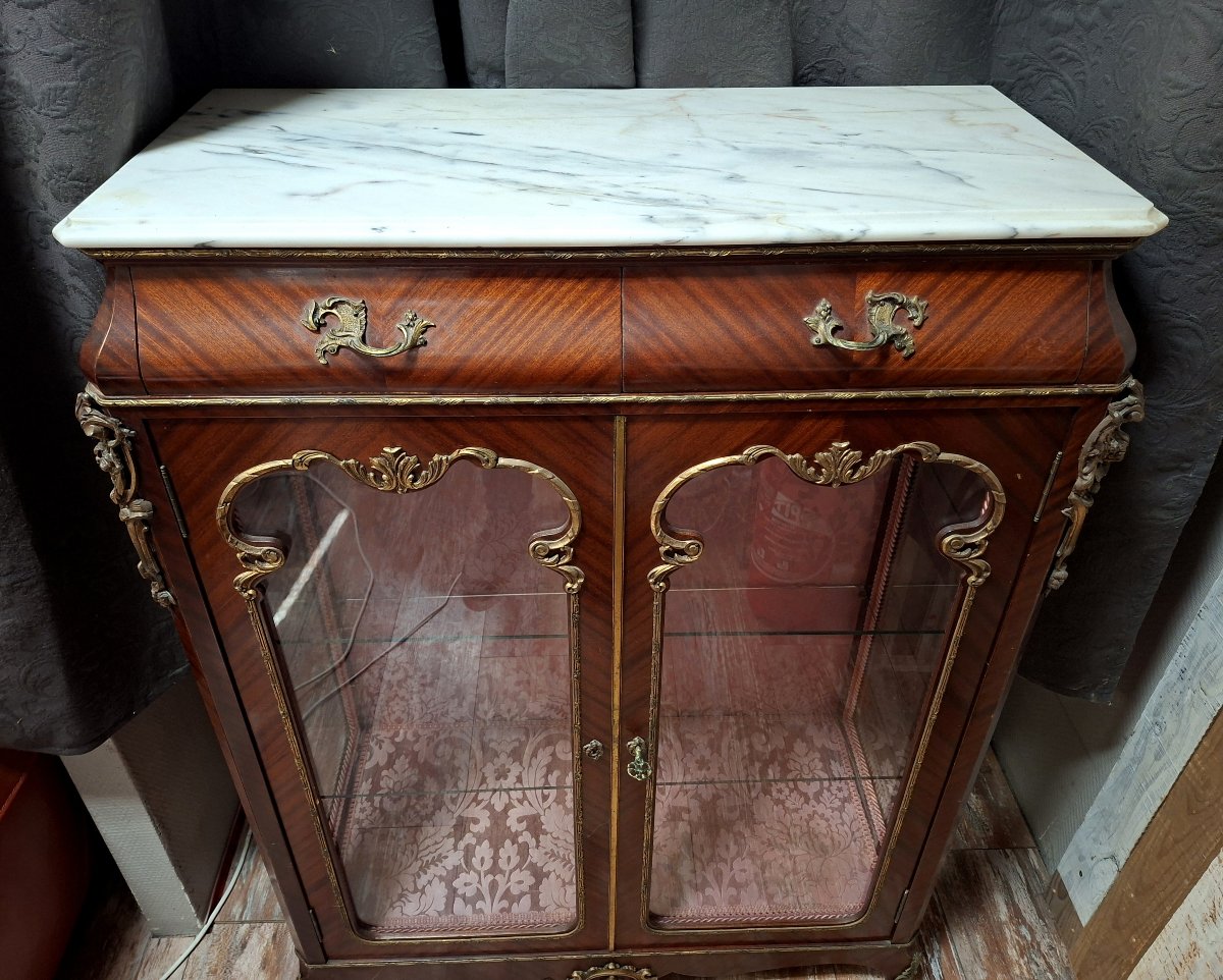Napoleon III-era Display Cabinet With Support Legs, Made Of Mahogany, Gilded Bronze, And White Marble -photo-3