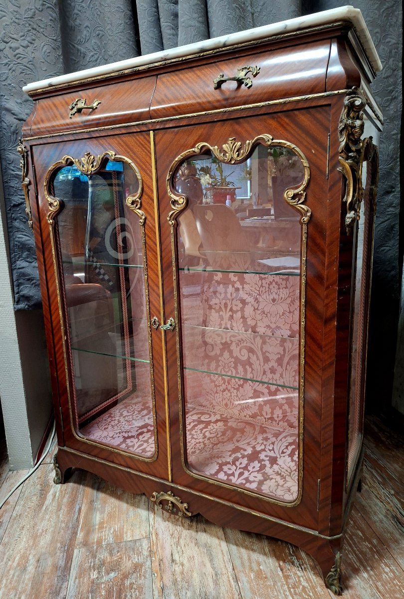 Napoleon III-era Display Cabinet With Support Legs, Made Of Mahogany, Gilded Bronze, And White Marble -photo-2