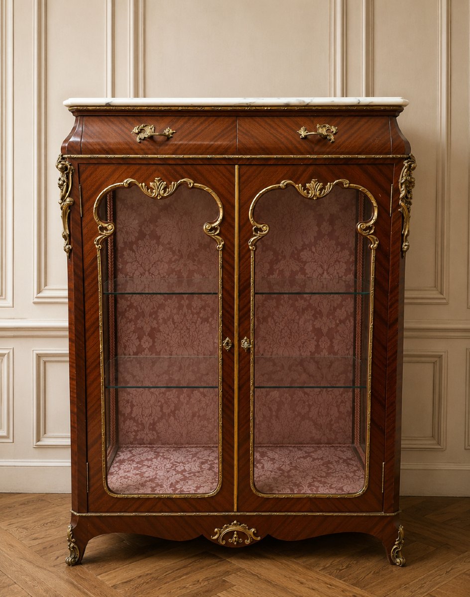 Napoleon III-era Display Cabinet With Support Legs, Made Of Mahogany, Gilded Bronze, And White Marble 