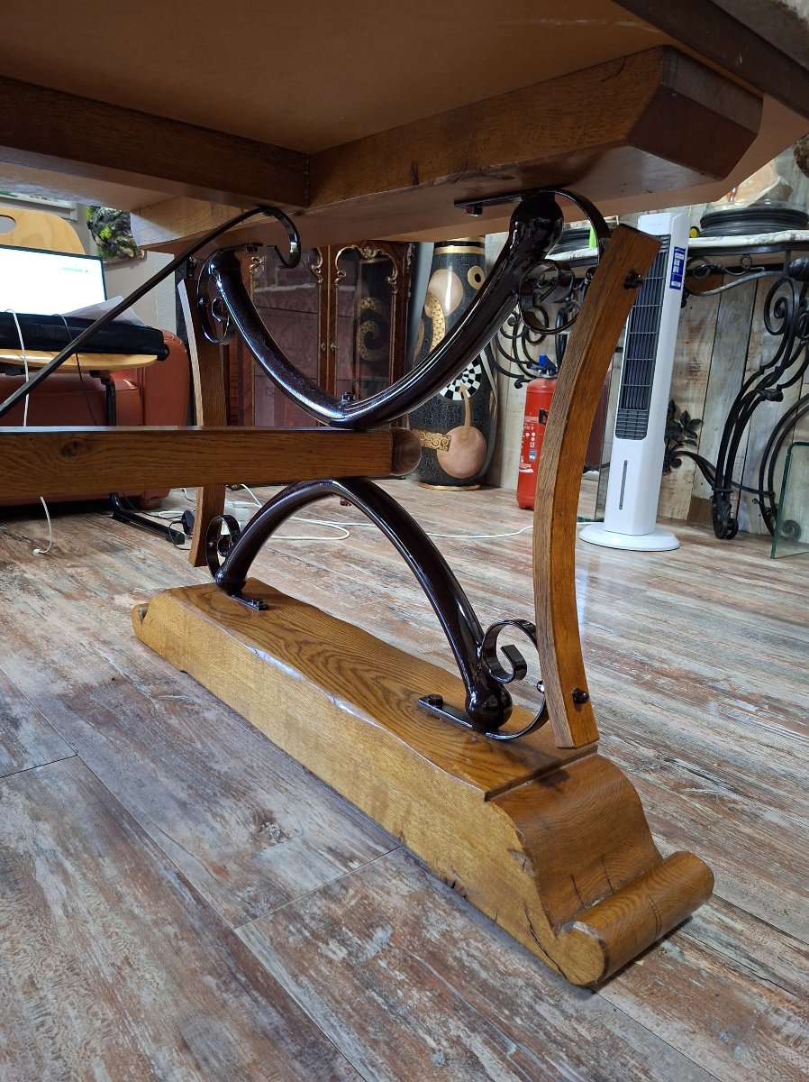 Large Dining Table Made Of Polished Granite With An Oak And Wrought-iron Base  -photo-3