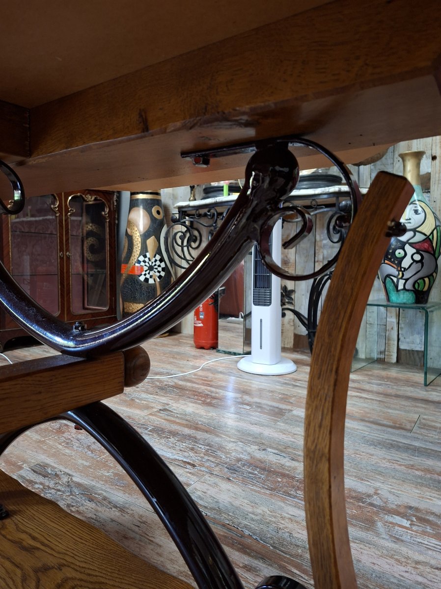 Large Dining Table Made Of Polished Granite With An Oak And Wrought-iron Base  -photo-4