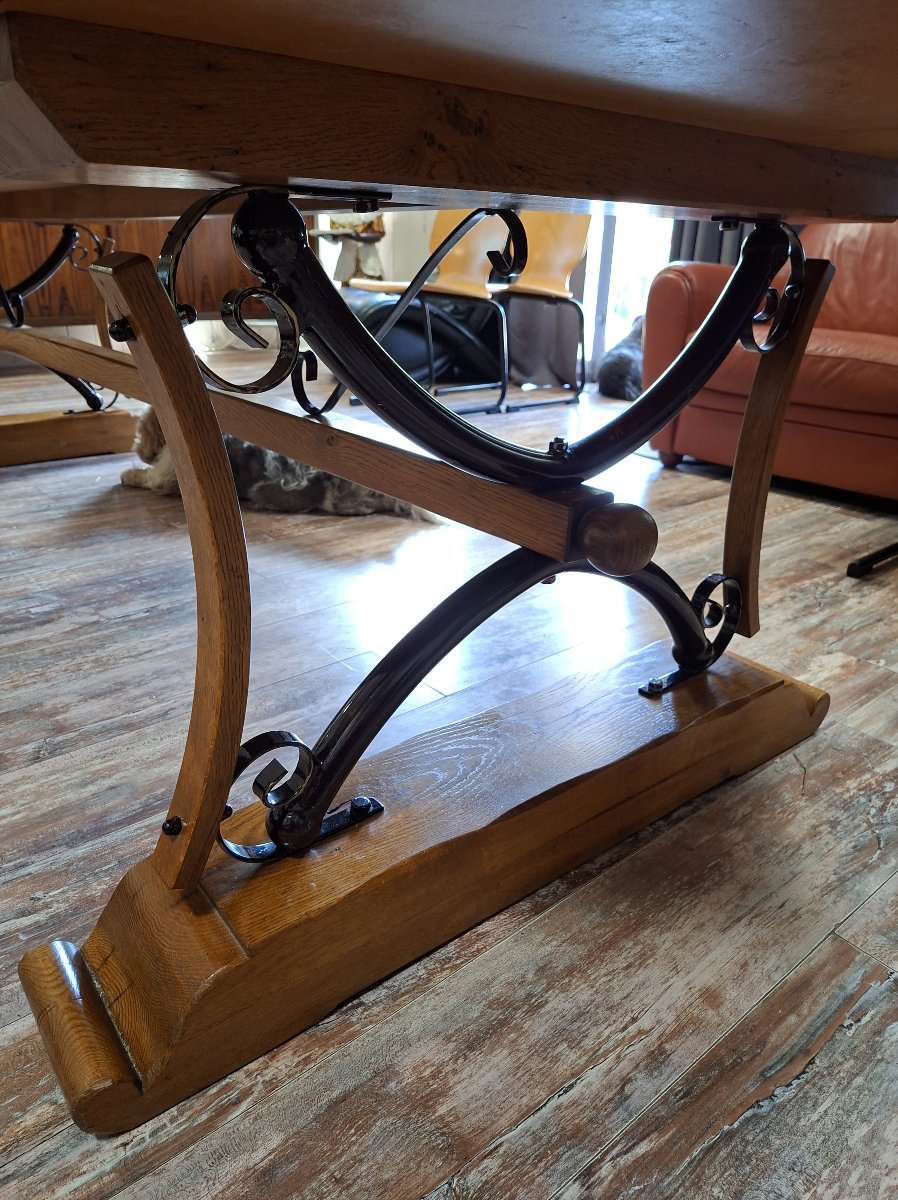 Large Dining Table Made Of Polished Granite With An Oak And Wrought-iron Base  -photo-6