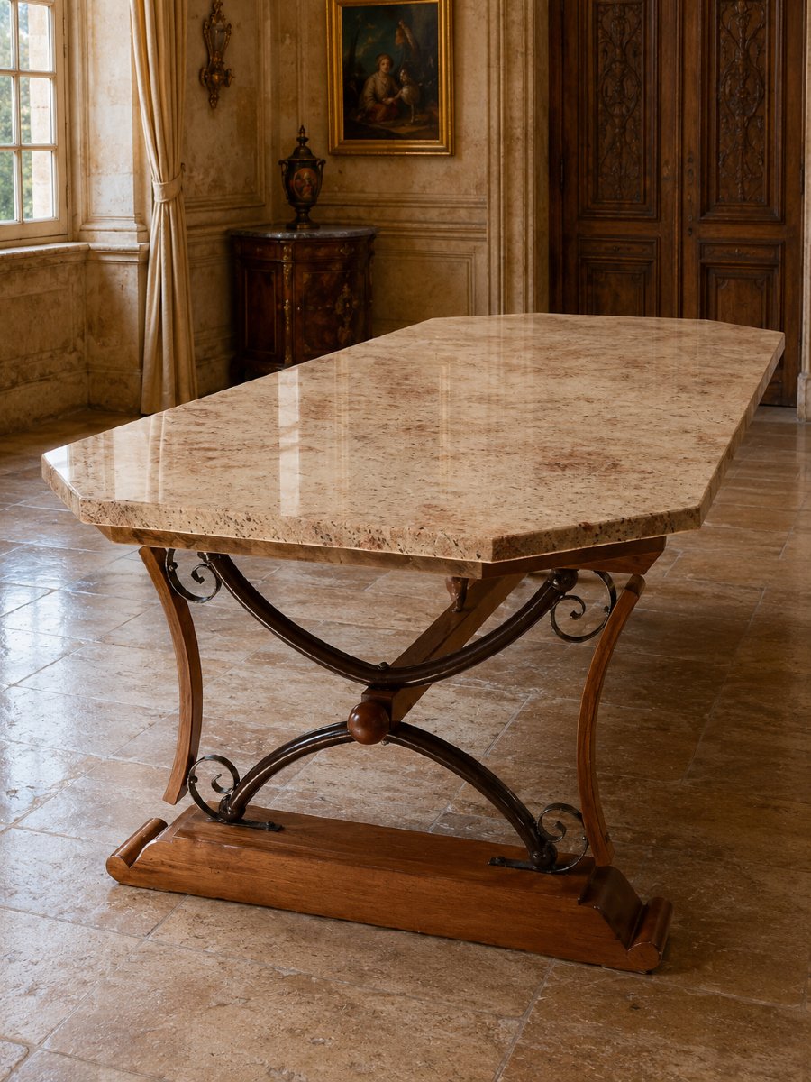 Large Dining Table Made Of Polished Granite With An Oak And Wrought-iron Base  