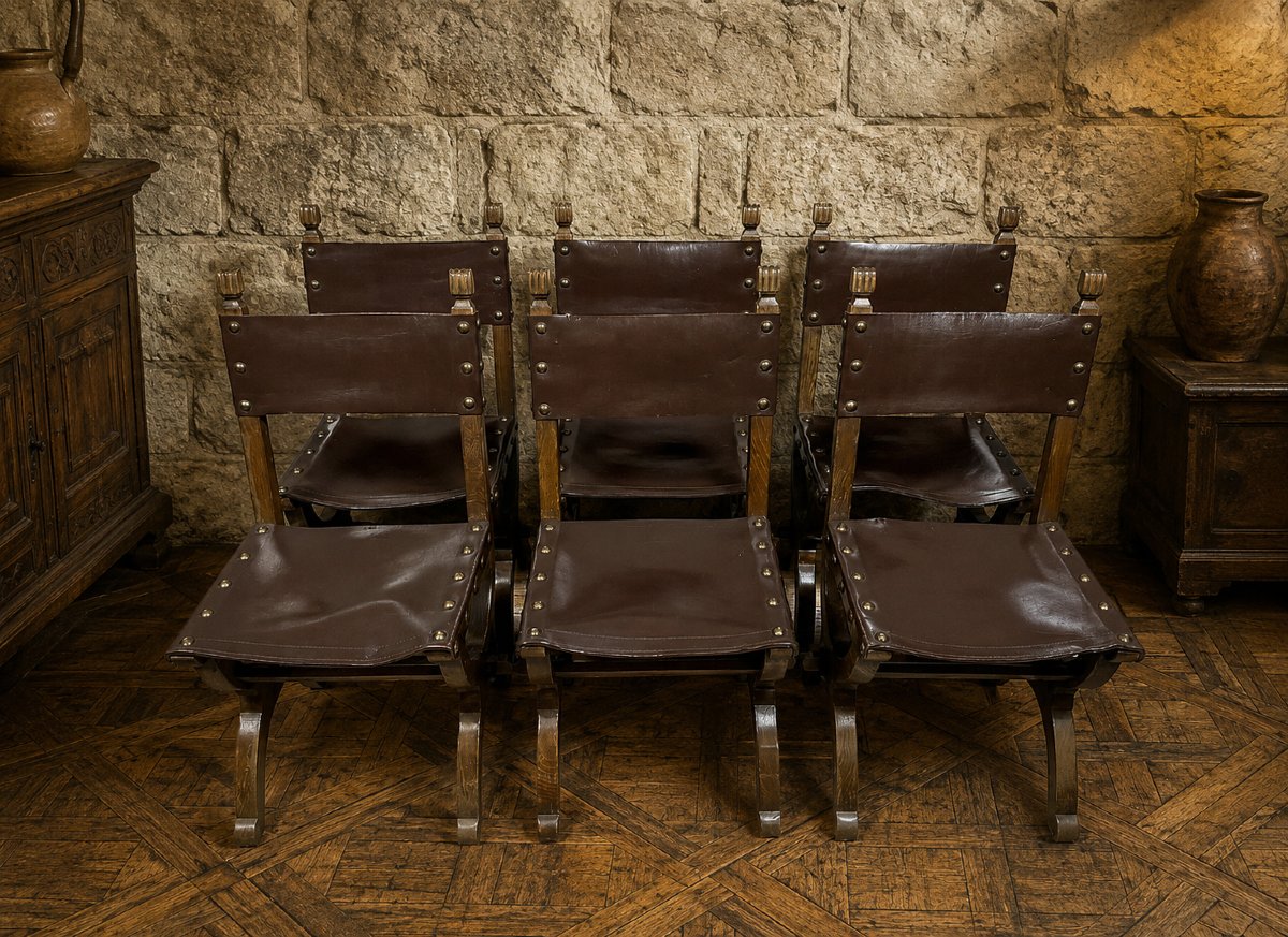 Suite de six chaises de style Renaissance en chêne et cuir -photo-2