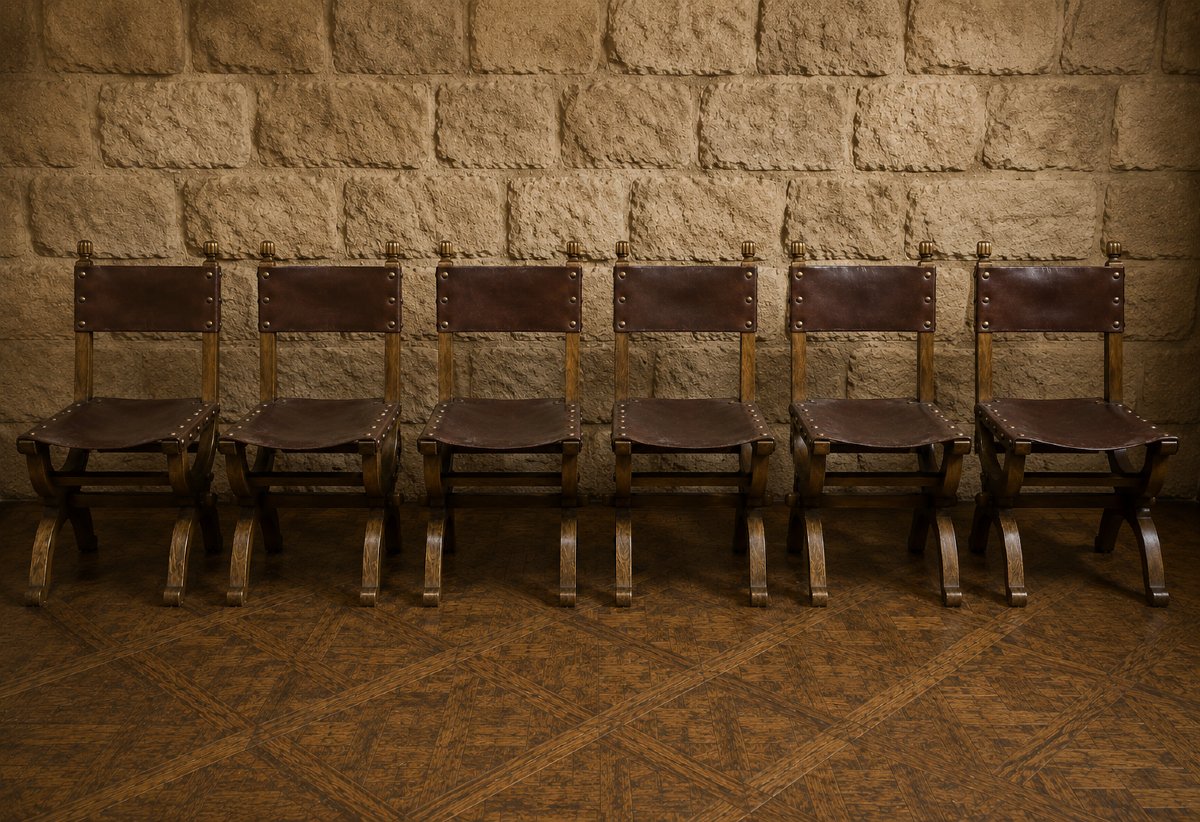 Suite de six chaises de style Renaissance en chêne et cuir -photo-3