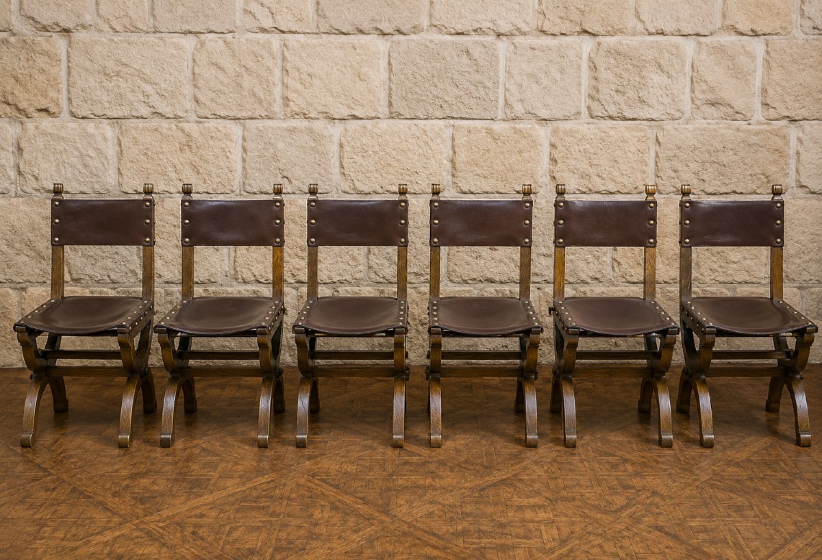 Suite de six chaises de style Renaissance en chêne et cuir 