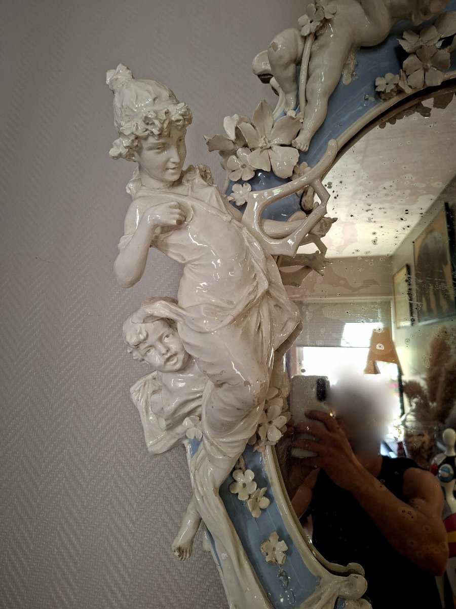 Rare et spectaculaire miroir d'apparat en porcelaine de Capodimonte-photo-4