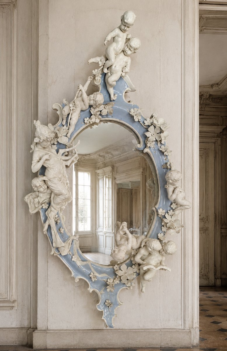 Rare et spectaculaire miroir d'apparat en porcelaine de Capodimonte