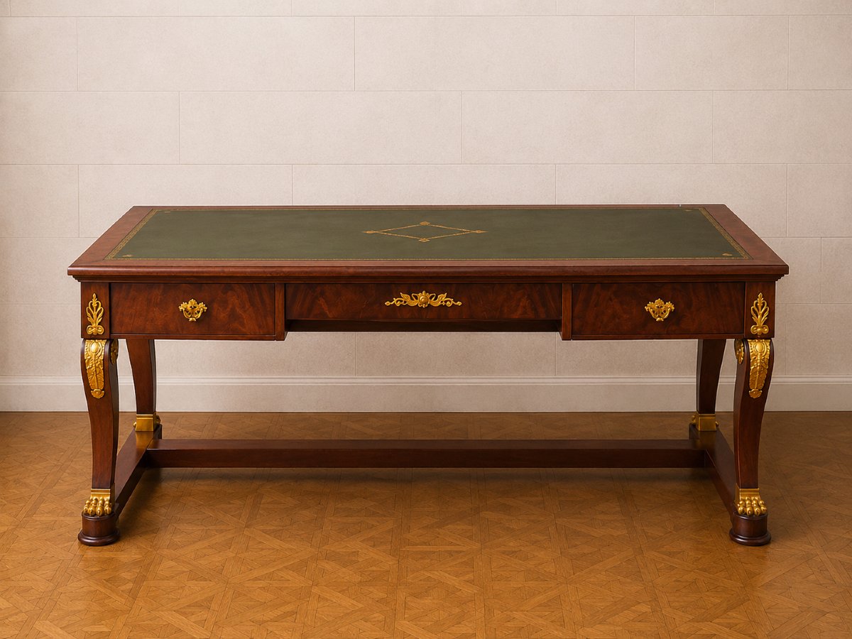 Empire-style Mahogany Desk – With Side Drawers – Gilded Bronze Hardware  -photo-2