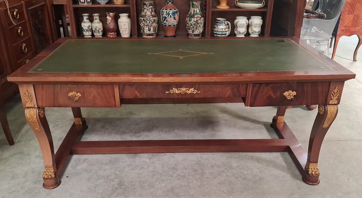 Empire-style Mahogany Desk – With Side Drawers – Gilded Bronze Hardware  -photo-1