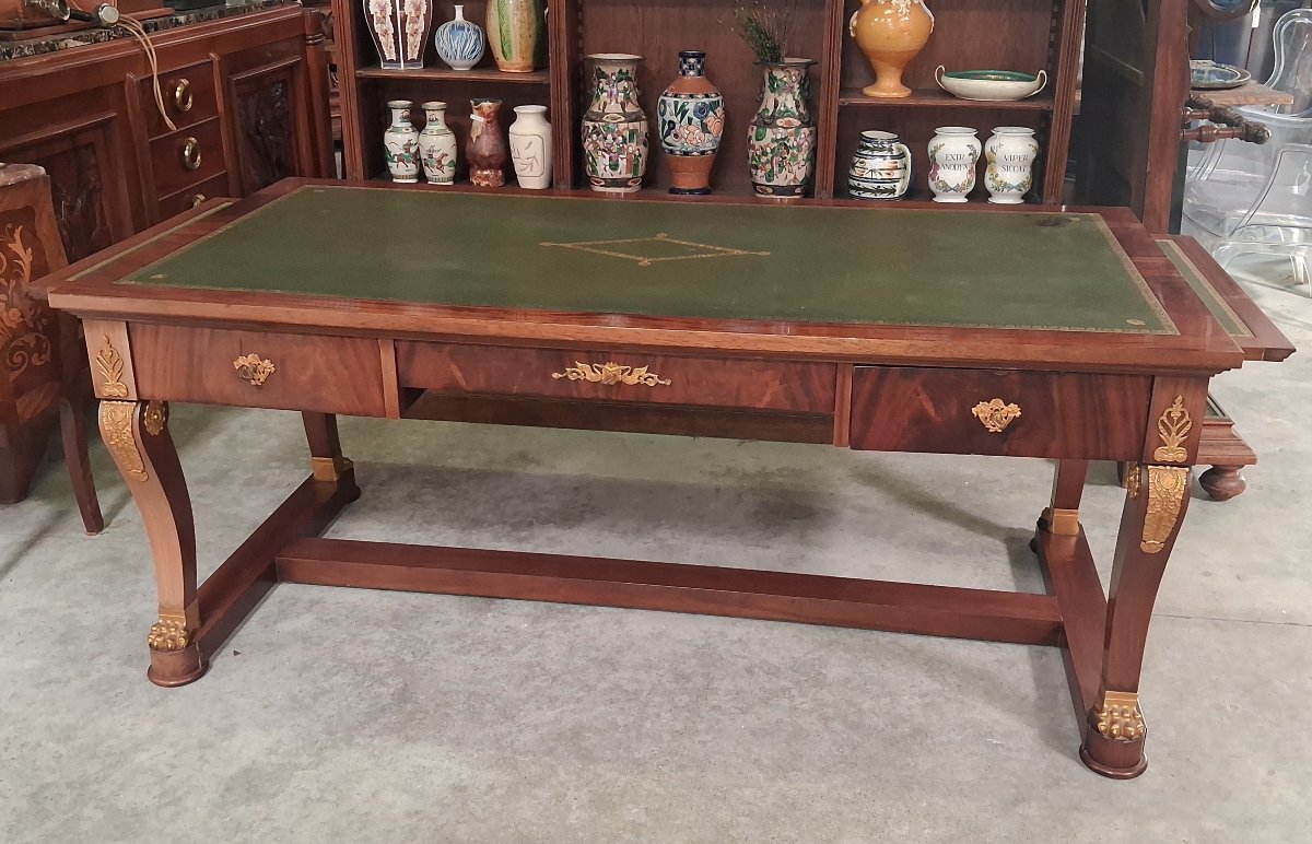 Empire-style Mahogany Desk – With Side Drawers – Gilded Bronze Hardware  -photo-2