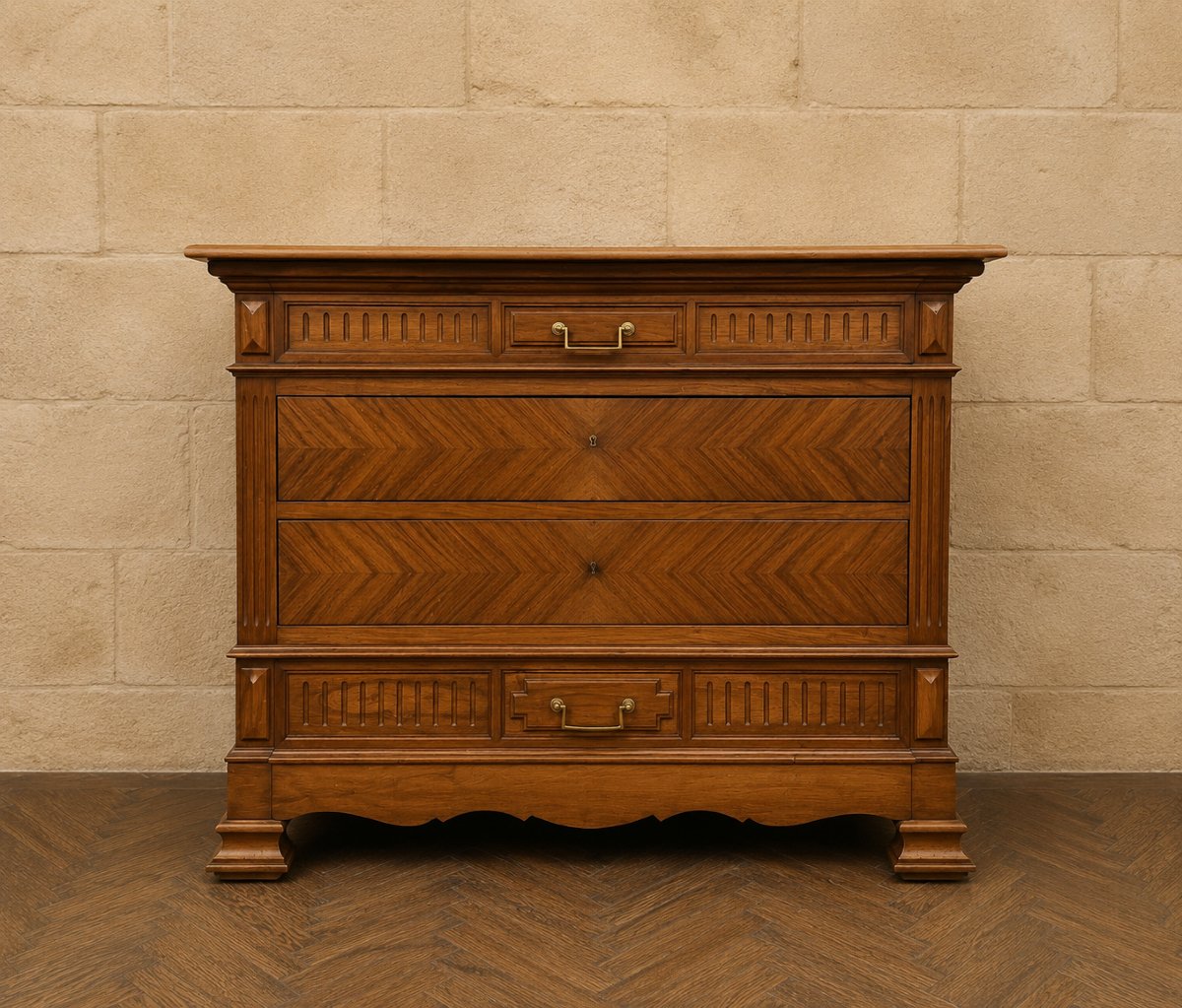 Commode de style Louis XVI en noyer – Plateau marbre – Façade en chevrons