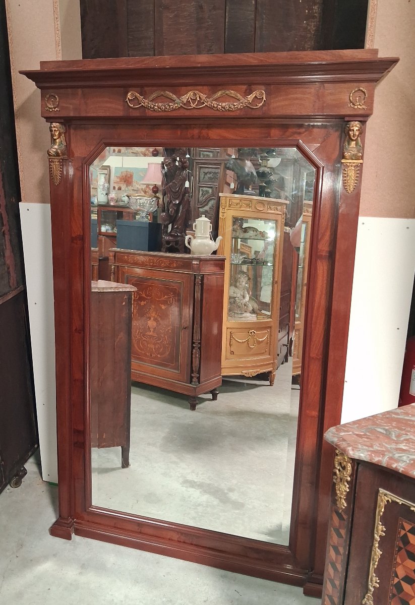 Large Empire-style Mahogany Mirror – Mercury-gilded Bronze – Early 20th Century  -photo-3