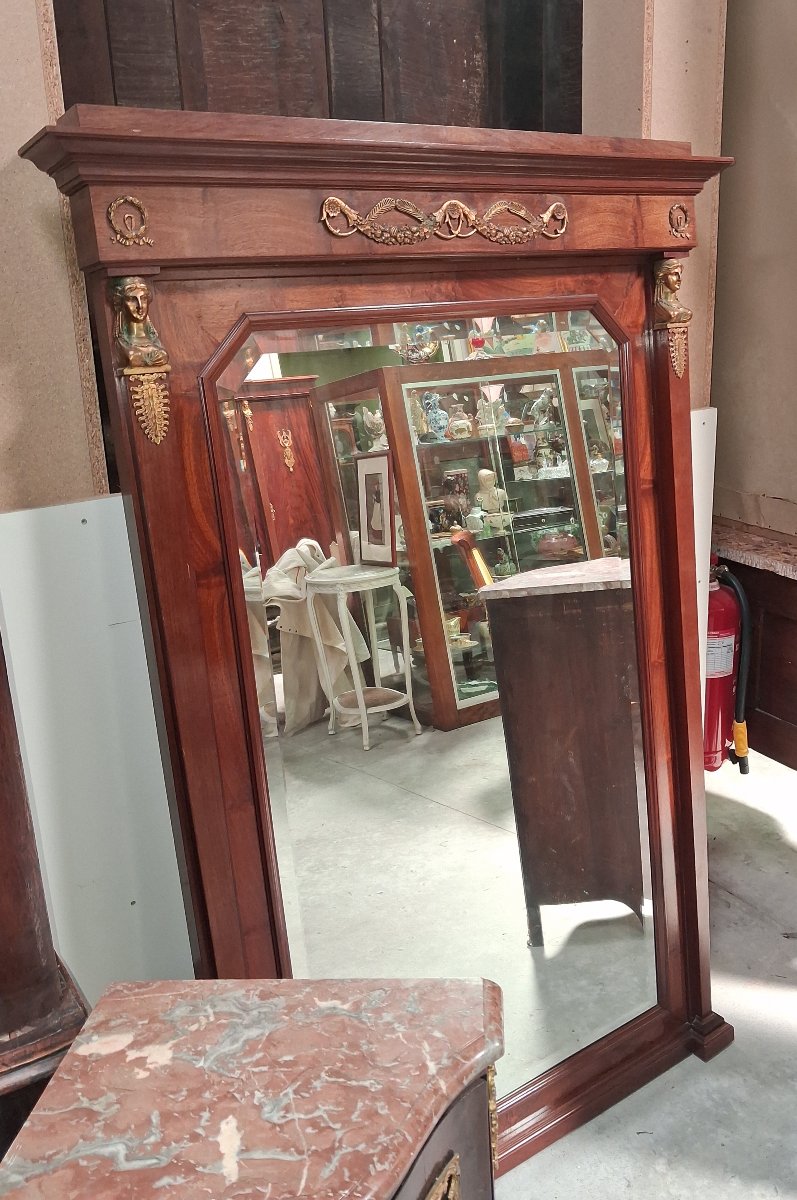 Large Empire-style Mahogany Mirror – Mercury-gilded Bronze – Early 20th Century  -photo-4