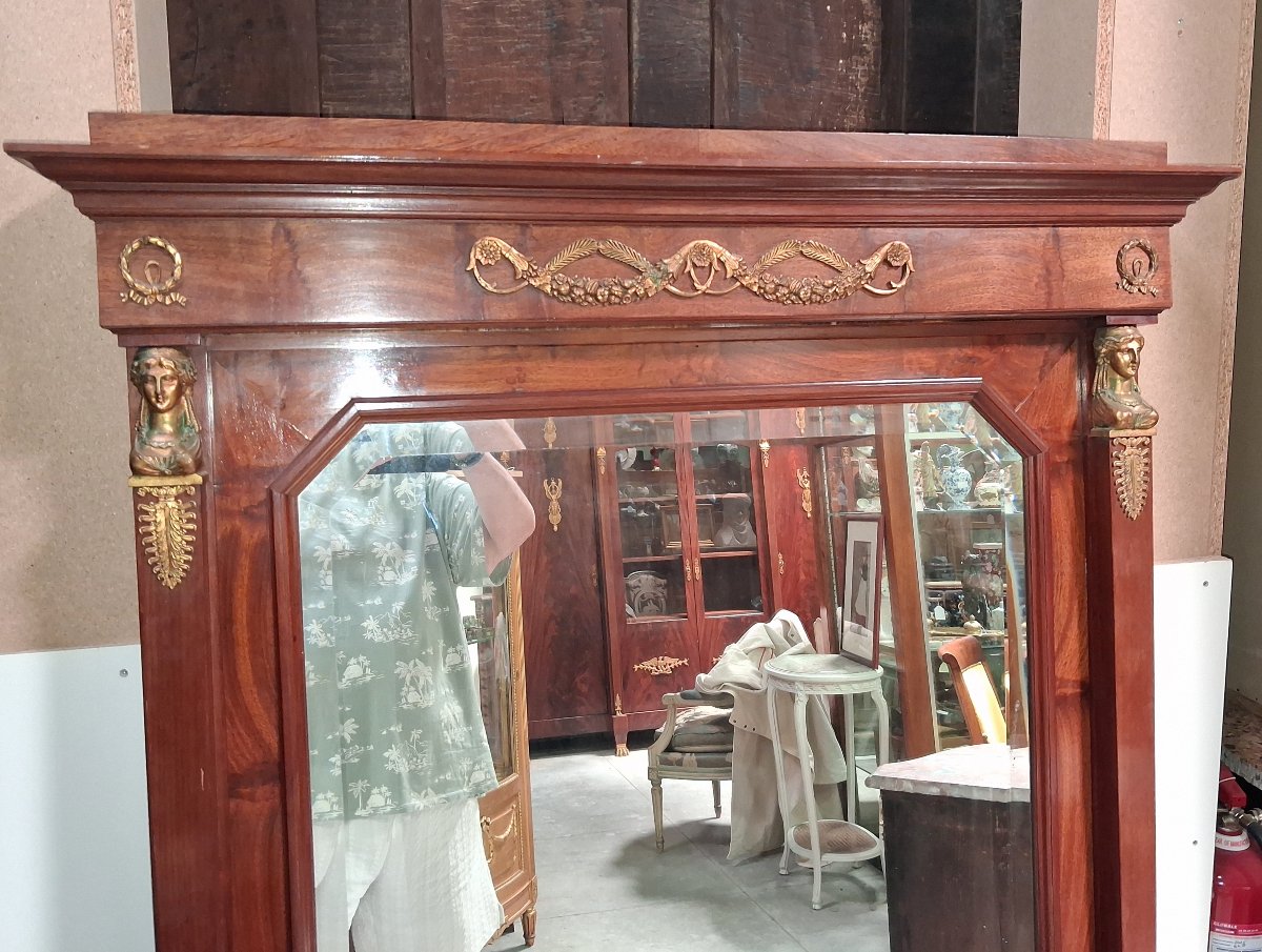 Large Empire-style Mahogany Mirror – Mercury-gilded Bronze – Early 20th Century  -photo-1