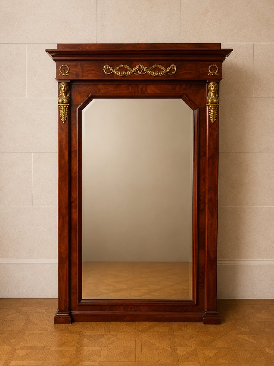 Large Empire-style Mahogany Mirror – Mercury-gilded Bronze – Early 20th Century  