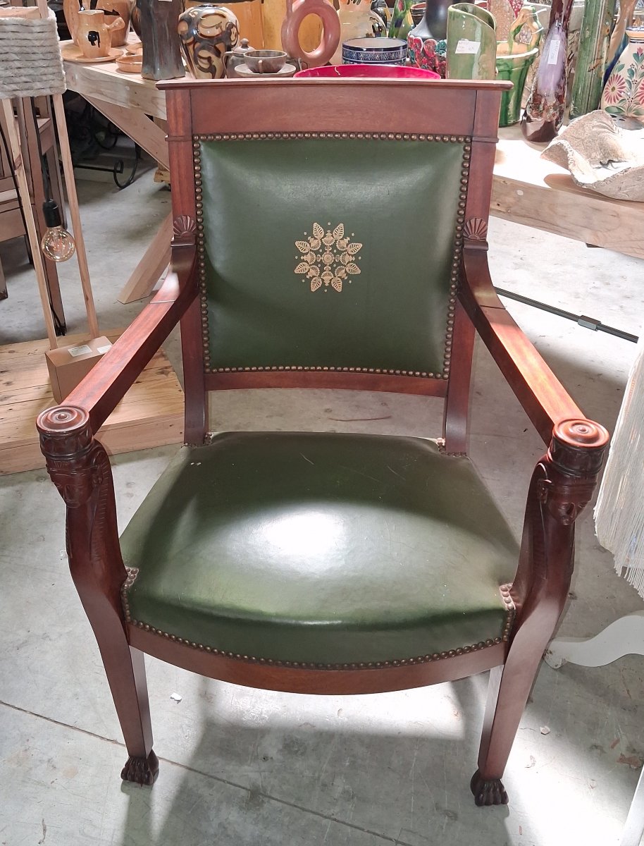 Empire-style Mahogany Office Chair – Armrests With Caryatids – Green Leather -photo-2