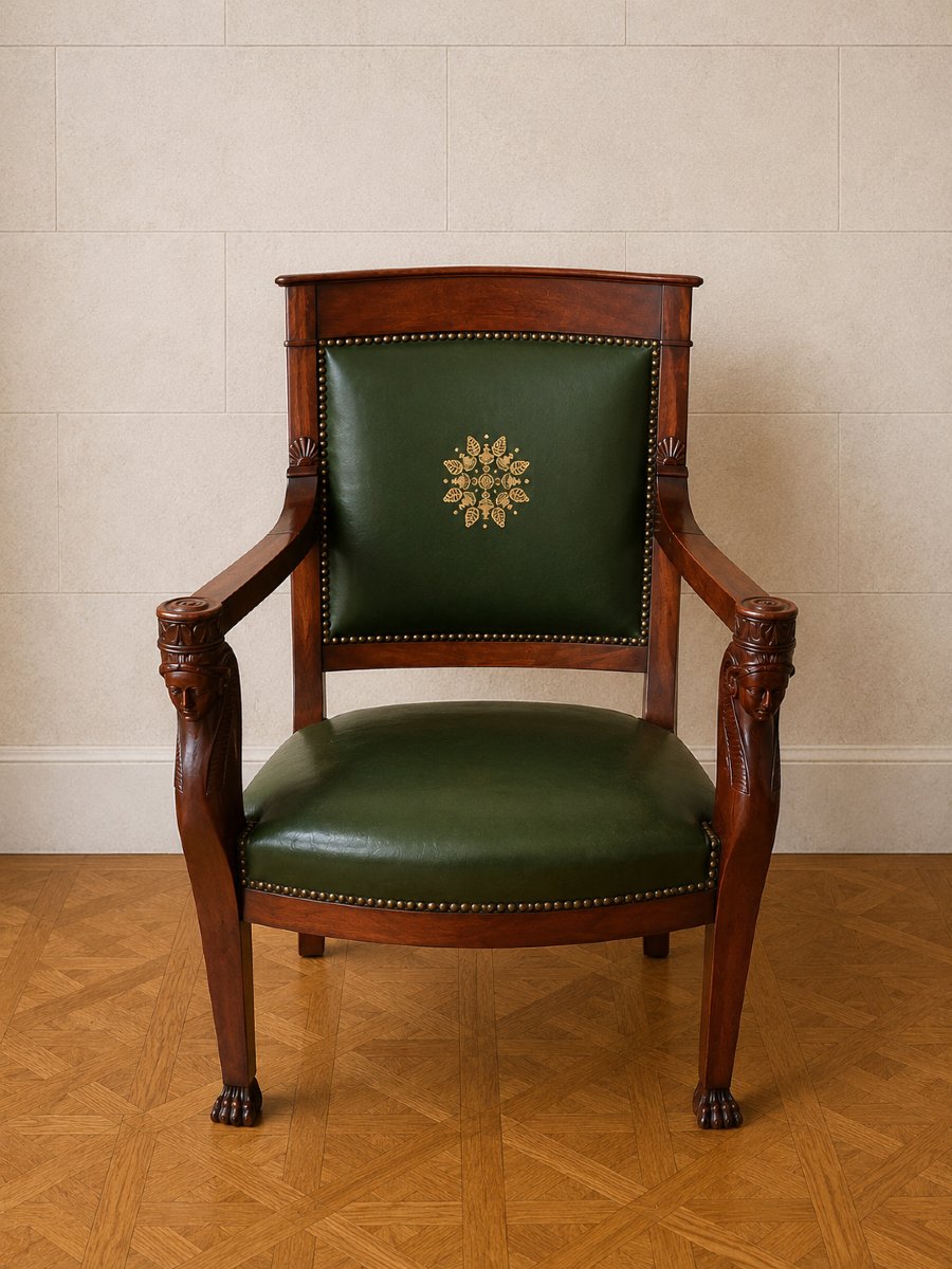 Empire-style Mahogany Office Chair – Armrests With Caryatids – Green Leather 