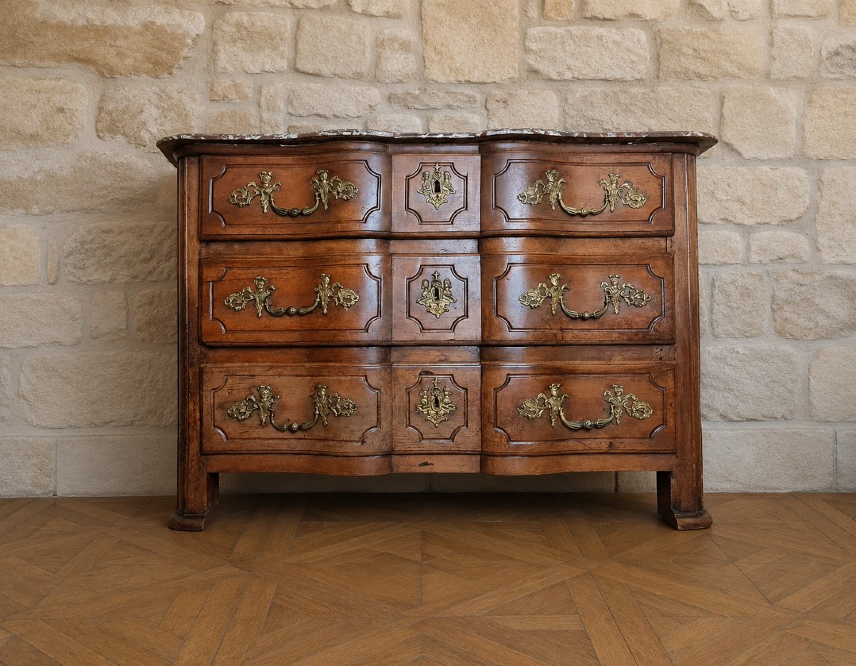 Commode Arbalette d'époque Régence en noyer – Dessus de marbre – Bronzes d'origine  -photo-4