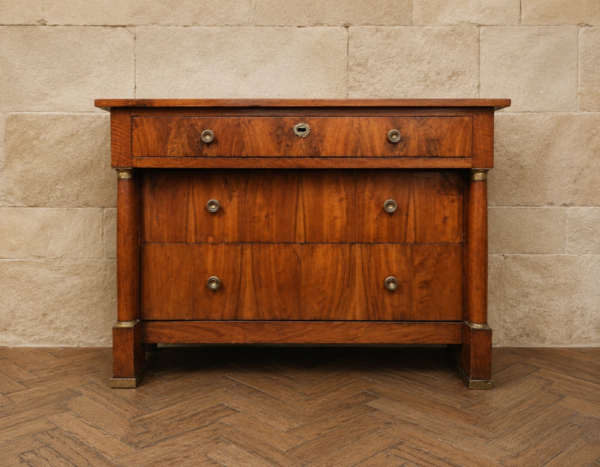 Empire-style Chest Of Drawers In Walnut – Detached Columns – Gilded Bronze Fittings 