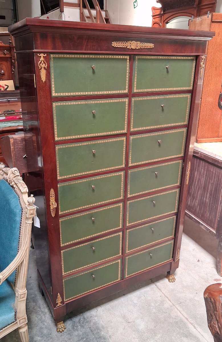 Cartonnier de style Empire en acajou – 12 tiroirs gainés de cuir vert – Bronzes dorés -photo-2