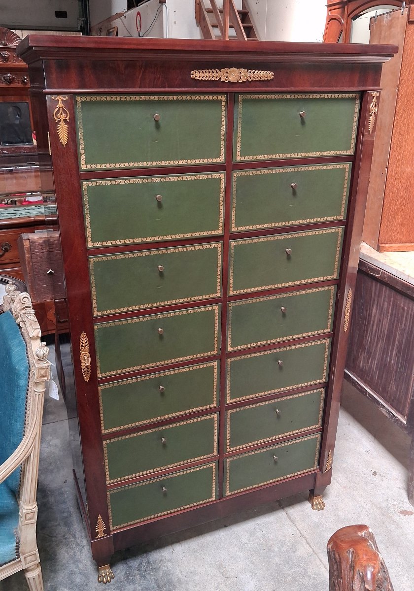 Cartonnier de style Empire en acajou – 12 tiroirs gainés de cuir vert – Bronzes dorés -photo-3