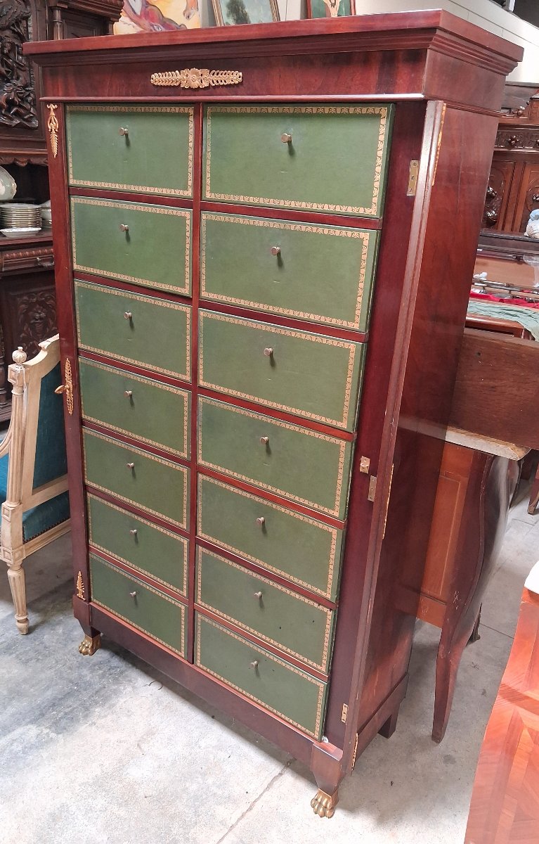 Cartonnier de style Empire en acajou – 12 tiroirs gainés de cuir vert – Bronzes dorés -photo-4