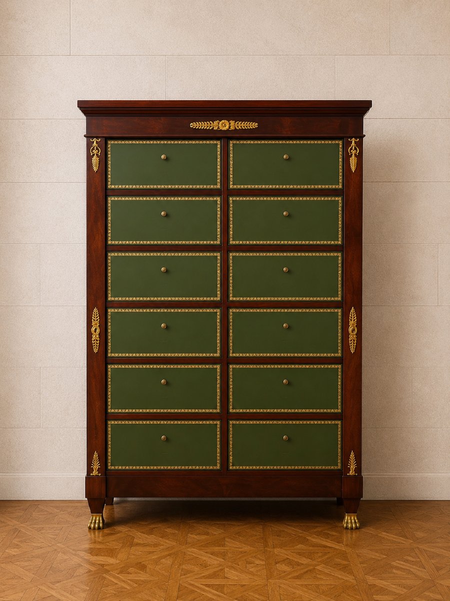 Cartonnier de style Empire en acajou – 12 tiroirs gainés de cuir vert – Bronzes dorés 