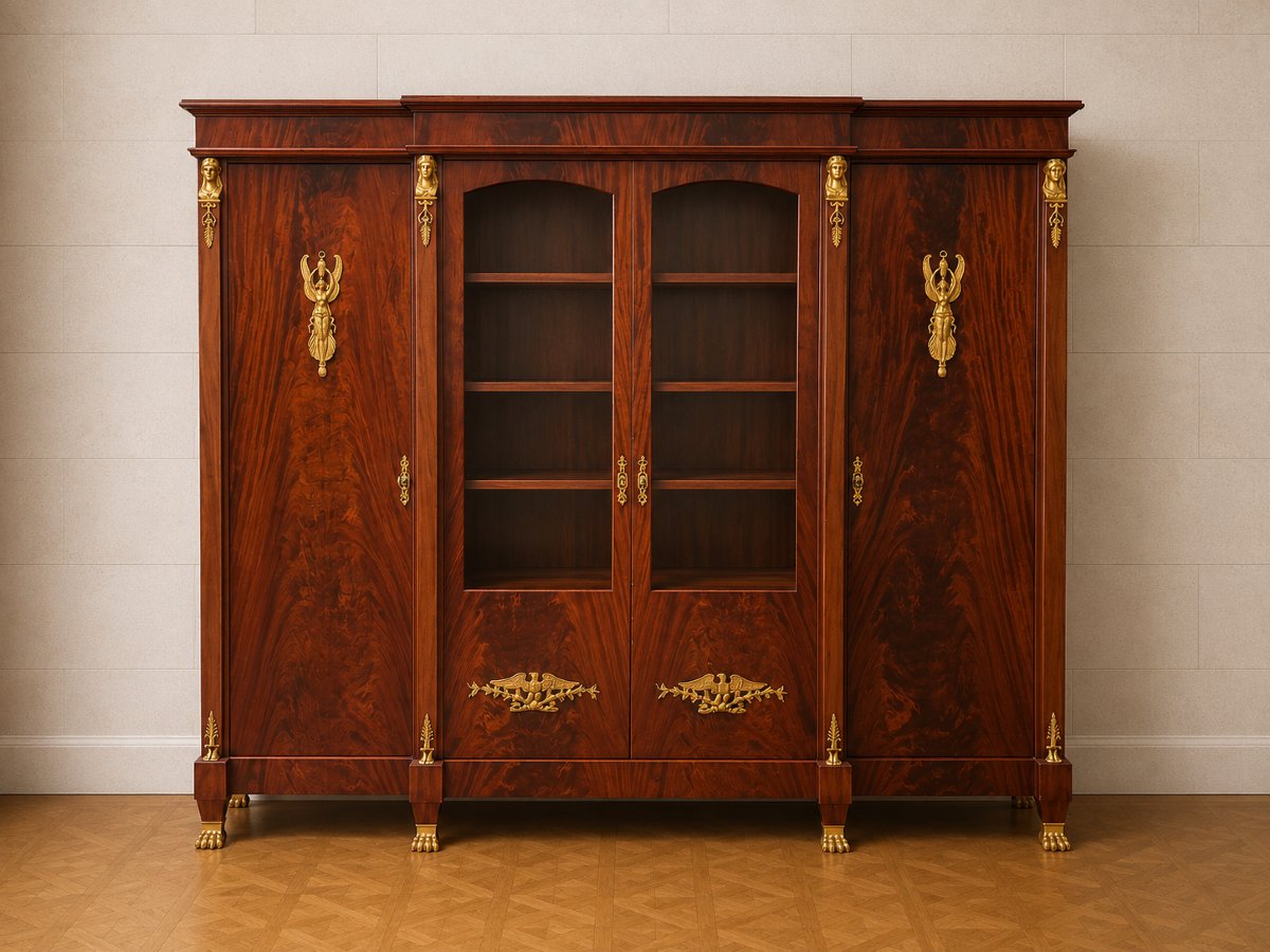 Bibliothèque de style Empire en acajou flammé – Bronzes dorés – Quatre portes 