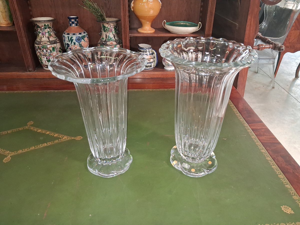 Paire de vases cornets en cristal Daum France – Modèle à côtes torses  -photo-2