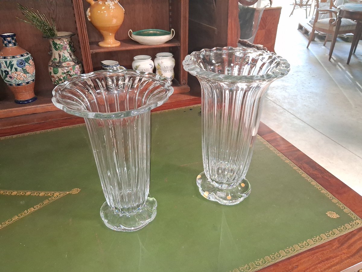 Paire de vases cornets en cristal Daum France – Modèle à côtes torses  -photo-3