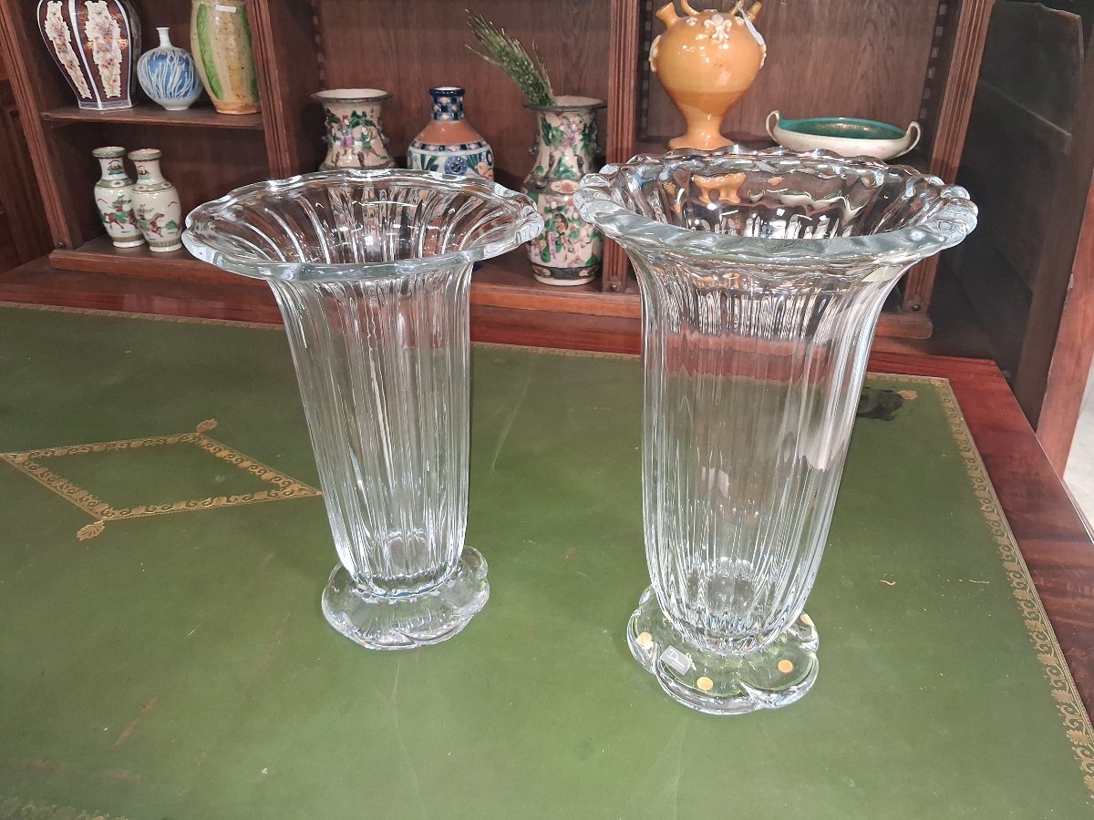 Paire de vases cornets en cristal Daum France – Modèle à côtes torses  -photo-4