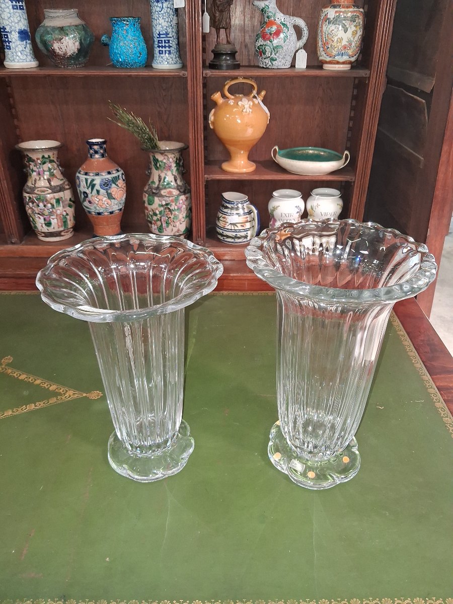 Paire de vases cornets en cristal Daum France – Modèle à côtes torses  -photo-3