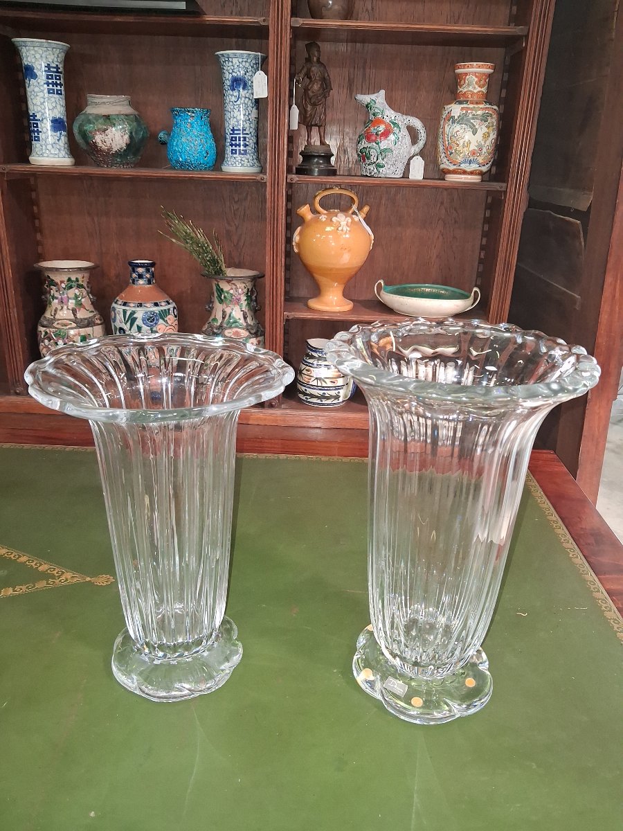 Paire de vases cornets en cristal Daum France – Modèle à côtes torses  -photo-5