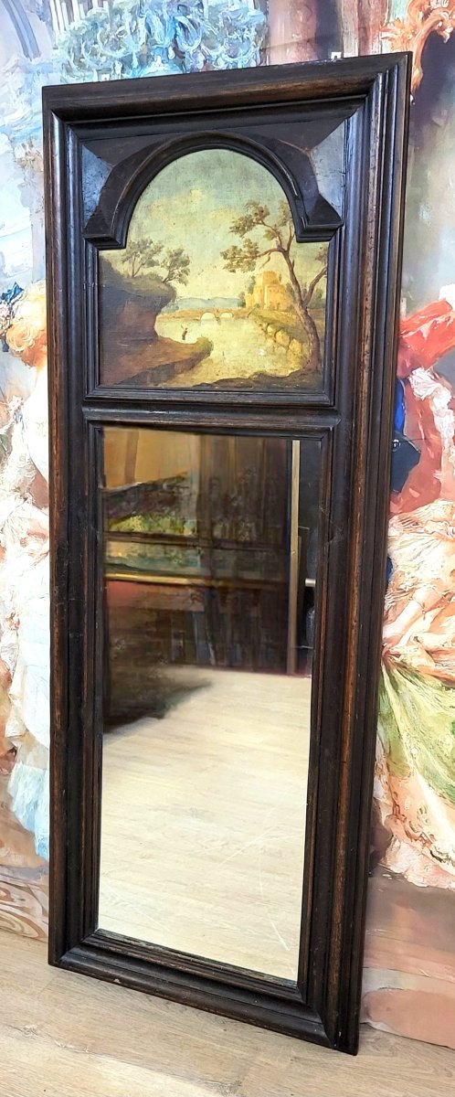 Trumeau en bois foncé à miroir et peinture de paysage – fin XIXᵉ siècle  -photo-3