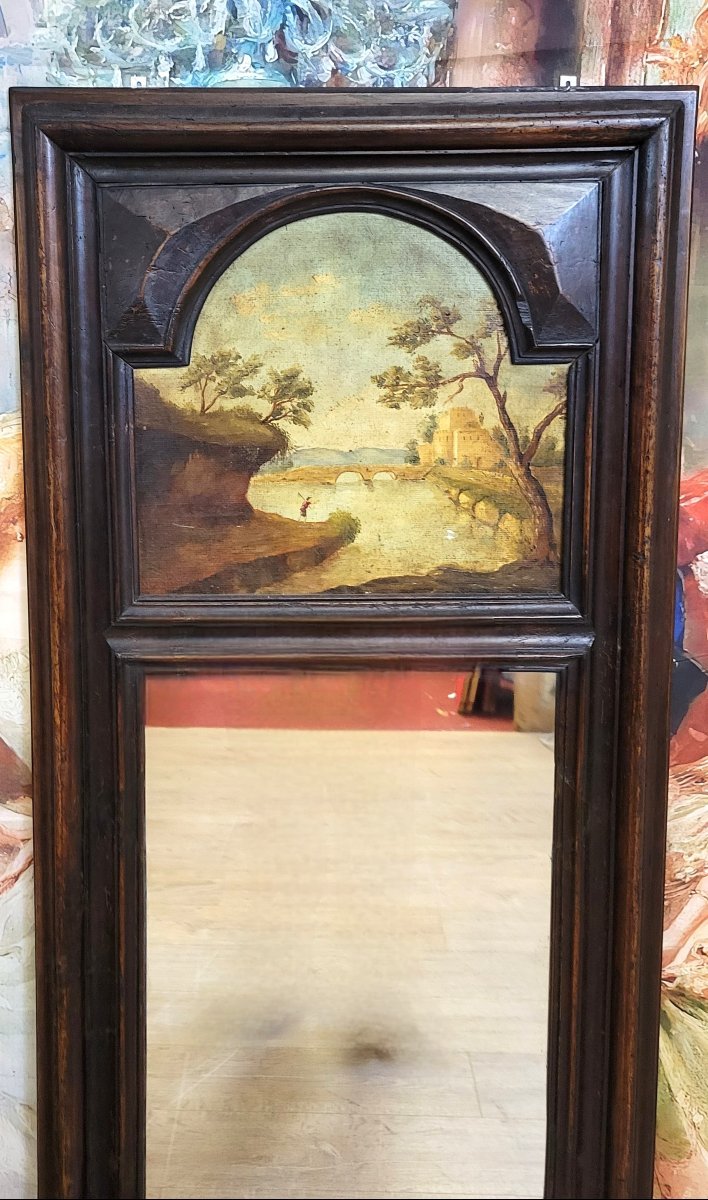 Trumeau en bois foncé à miroir et peinture de paysage – fin XIXᵉ siècle  -photo-1