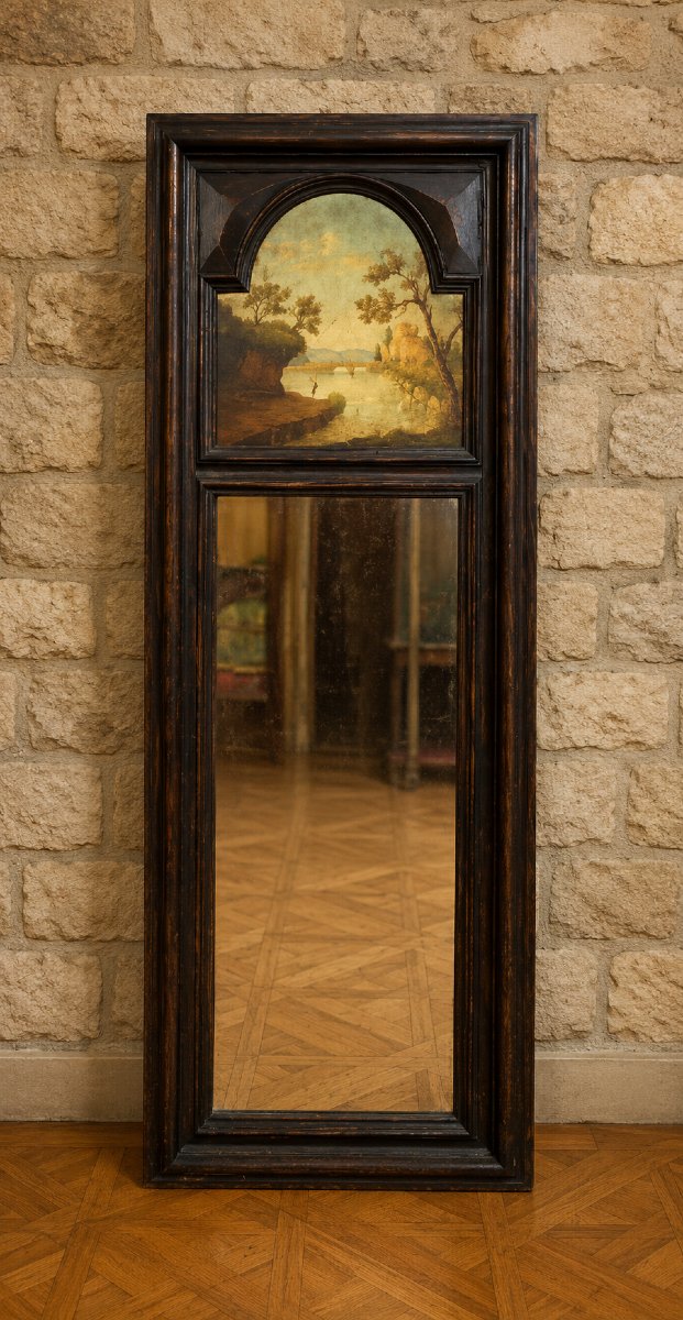 Trumeau en bois foncé à miroir et peinture de paysage – fin XIXᵉ siècle  