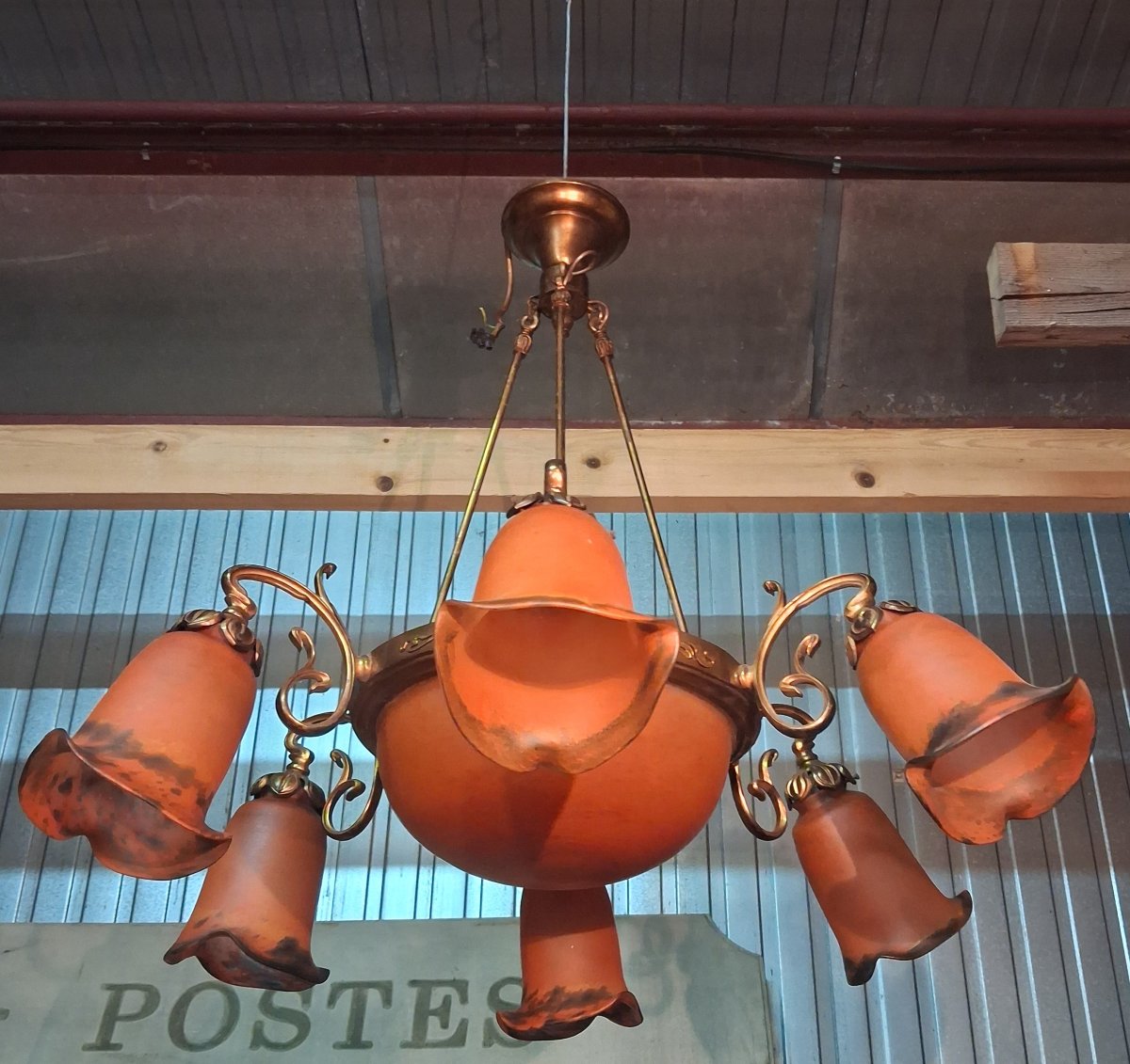 Pair Of Art Nouveau-style Chandeliers Made Of Bronze And Orange Glass Paste -photo-2