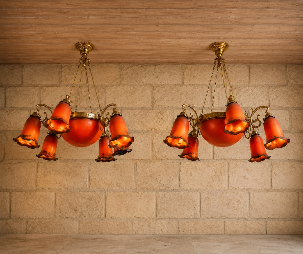 Pair Of Art Nouveau-style Chandeliers Made Of Bronze And Orange Glass Paste -photo-3